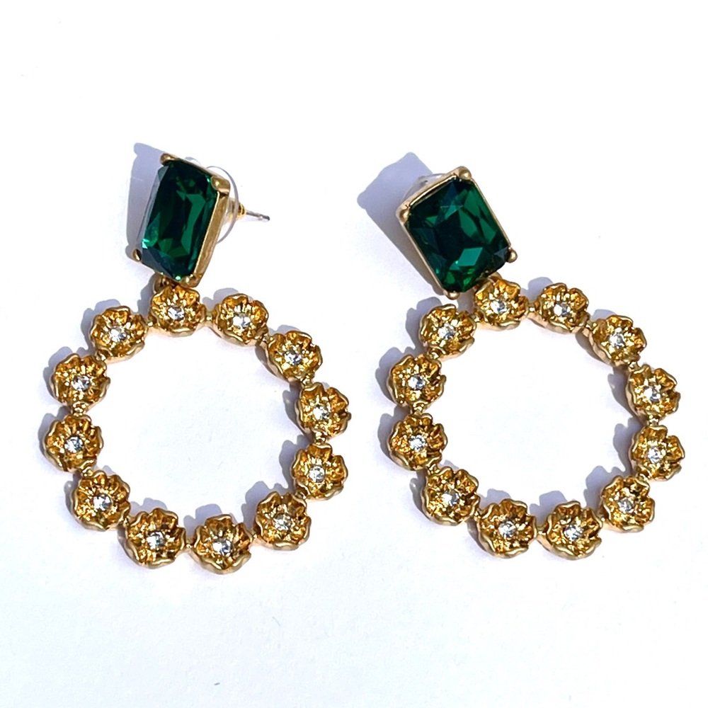 Oscar de la Renta Gold Hoop Earrings with Emerald Green Stones